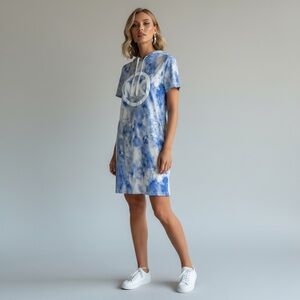 Michael Kors Casual Blue Tie Dye Stretch Knit Short Sleeve hoodie dress